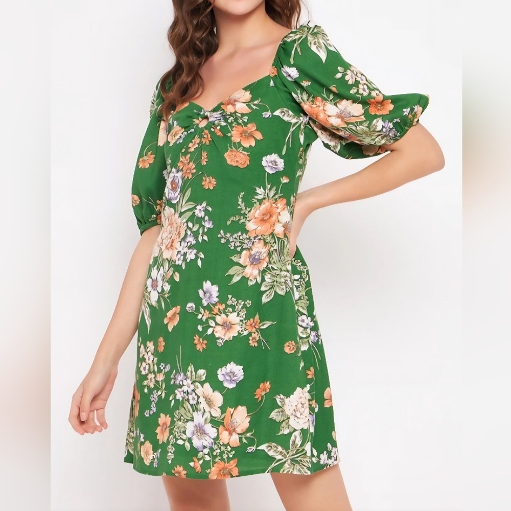 Sim & Sam Dress Green Floral Puff Sleeve Mini-Dress Size S Boho Cottagecore